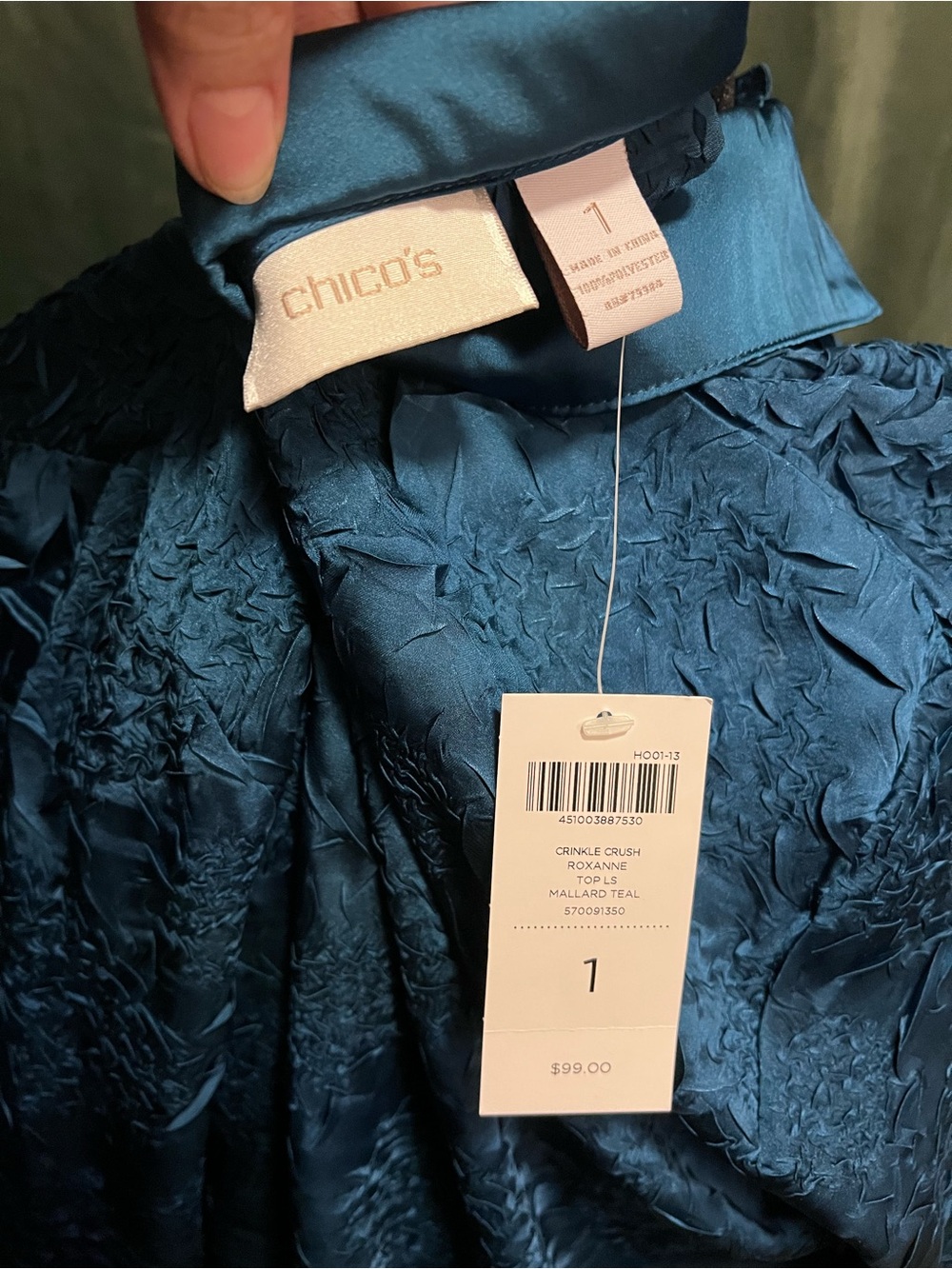 NWT - Chico's Mallard Teal Crinkle Texture Blouse Size 1
